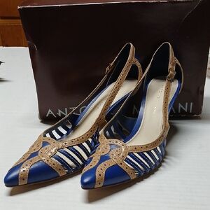 Antonio Melani Vintage Blue & Tan Pointed Toe Leather Slingback Heels Size 9 1/2